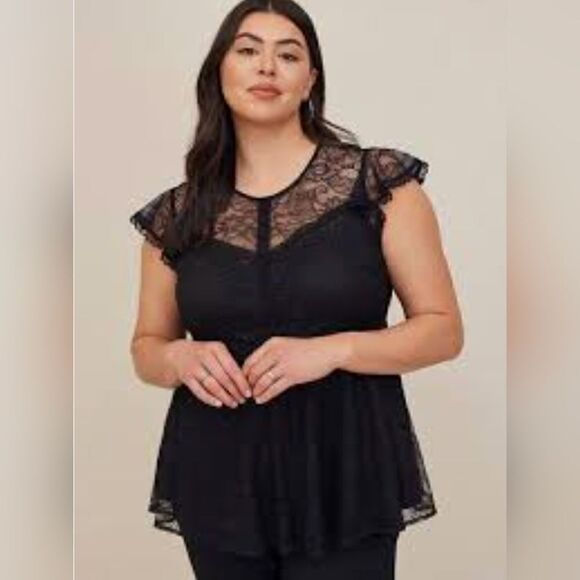 Torrid Peplum Black Lace Ruffle Sleeve Top - Picture 1 of 6
